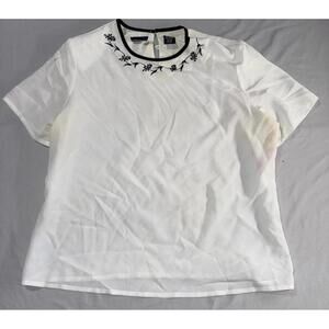 Laura Scott White Short Sleeve Blouse with Black Floral Embroidery